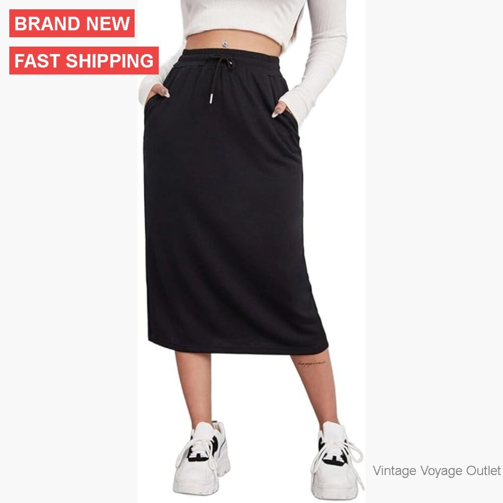 Midi Skirt with Drawstring Waist and Pockets Active Wear